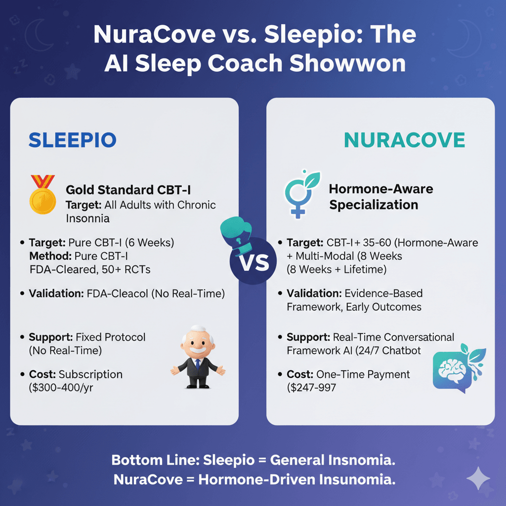 NuraCove vs Sleepio Comparison Infographic - Feature-by-feature comparison of AI sleep coaches for midlife women